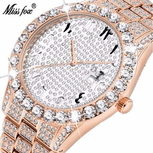 Miss Fox Luxury Gold Diamond Quartz Watch Big Dial Dress Stainless SteelRhinestone Waterproof Wristwatch Relogio Feminino 2643