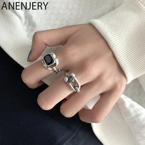 925 Sterling Silver U-shape Finger Rings For Women Men Vintage Black Stone Open Rings Jewlery Gift