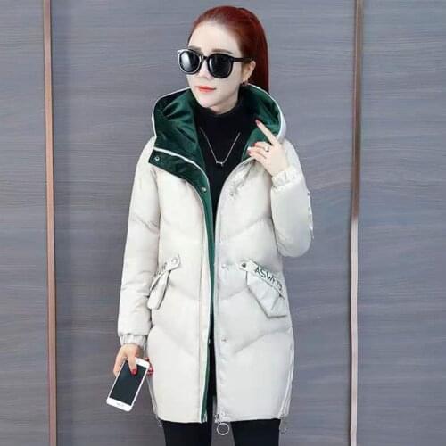 Winter Cotton Womens Down Jacket Hooded Long Sleeve Cardigan Zipper Pockets Solid Loose Thick Fashion Office Lady Down Jacket