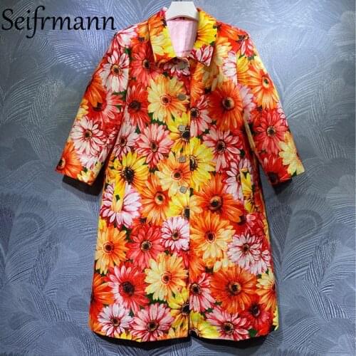 Seifrmann New 2021 Autumn Women Fashion Runway Loose Trench Coats Long Sleeve Single Breasted Floral Print Coat Elegant Overcoat