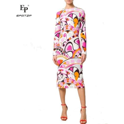 New 2018 spring Fashion Designer Dress Womens Long Sleeves Pink Geometry Print XXL Stretch Jersey Slim Silk Day Dress