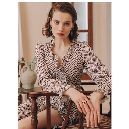 Spring Original Design Women French Vintage Dresses Elegant Slim Retro Double Breasted V-Neck Ruffles Polka Dots Dress