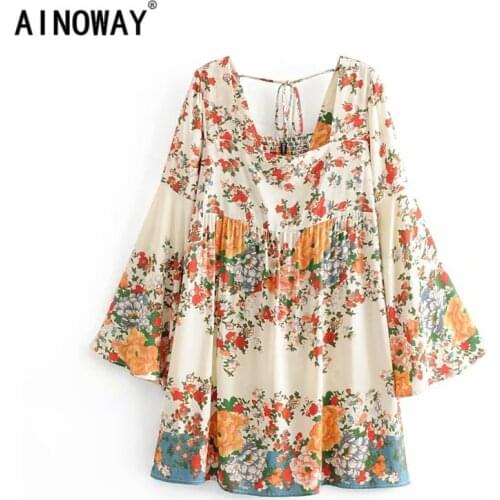 Boho women floral print short sleeve ruffles beach Bohemian mini dresses Ladies loose square collar rayon happie dress