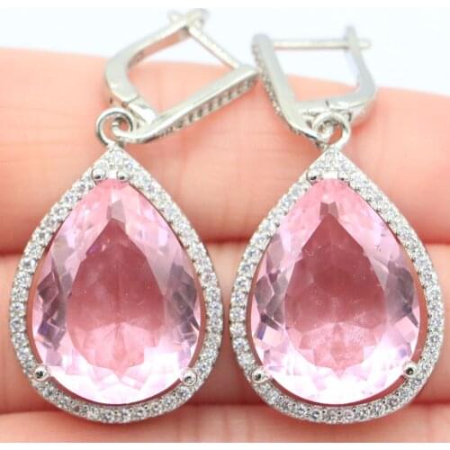 43x19mm Big European Design Jewelry Set Drop 20x15mm Created Pink Kunzite Natural White CZ Bride Wedding Silver Earrings Pendant