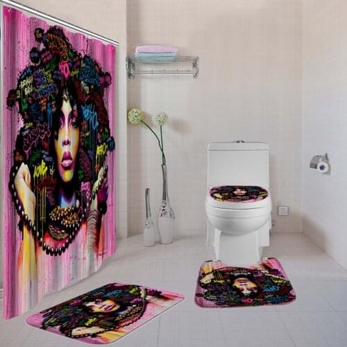 African Shower Curtain Set 4 Pcs Bath Rug Sets Toilet Cover Bath Mat Set Bathroom Accessories Curtains With Hooks