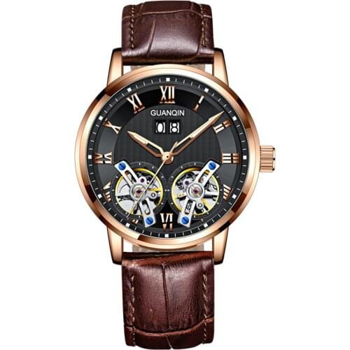 Guanqin Automatic Skeleton Mechanical Luminous Wrist Watch Calendar Men Business Tourbillon Clock Male Big Dial Reloj Hombre