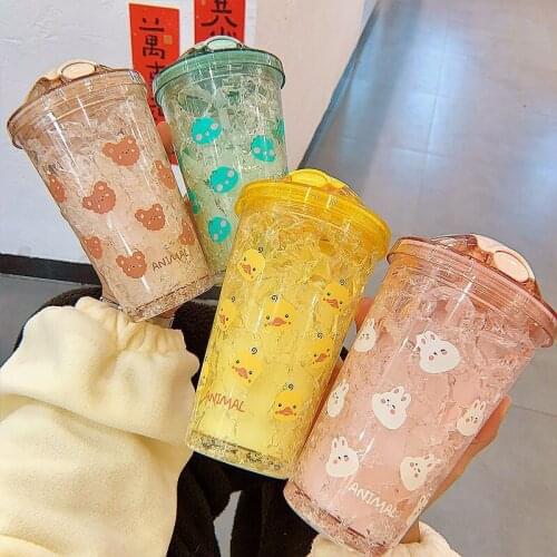 Double-layer Crushed Ice Cup Summer Cute Girl Cartoon Online Celebrity Adult Student Straw Plastic Ice Cup Trend Korean Cup