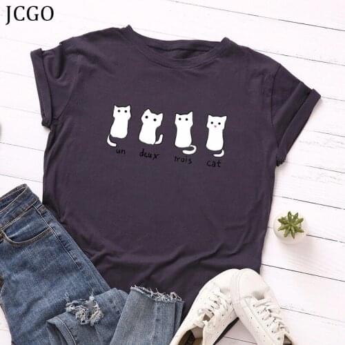 JCGO Summer Cotton Women T Shirt 4XL 5XL Plus Size Cute Cats Print Short Sleeve Basic Tees Tops Casual O-Neck Female TShirt