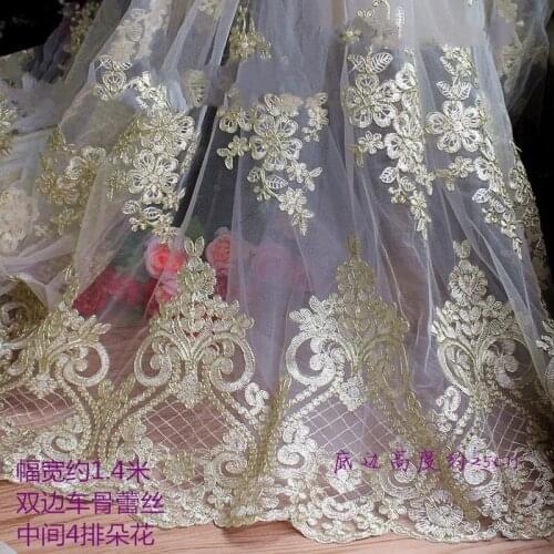 GLace 1M/lot gold car bone embroidery mesh lace fabric fow wedding dress decoration DIY carft material TX1223