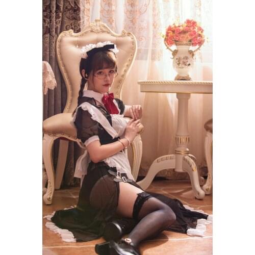 Lovely Soft Girl perspective Sexy Maid Dress Set Black White Womens Vintage Transparent Bow Uniform Apron Lingerie Nightdress