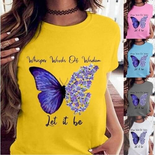 Kuelawear Butterfly Letter Print Short Sleeve Womens T-shirt Loose Round Neck Shirt Summer Casual Fashion Ladies Tops Plus Size