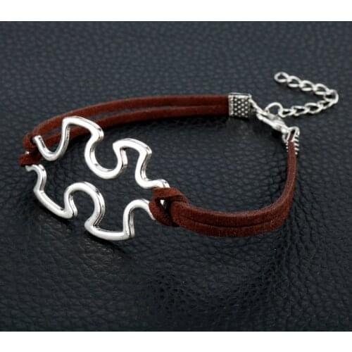 Dongsheng Fashion 4 Colors Autism Awareness Charms Jigsaw Puzzle Piece Bracelets for Women Men Leather Rope Jewelry