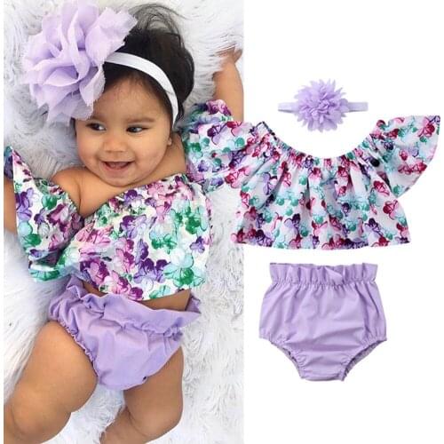 Fashion Casual Girl Set 0-24M Newborn Baby Girl Clothes Off Shoulder Floral Tops Shorts Headband Outfit Set