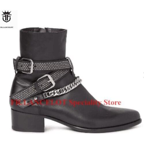 2019 FR.LANCELOT Black Genuine Leather Men Boots Short Ankles Boots Sliver Chains Buckles Low Heel Shoes Mens Sapatos Mujer