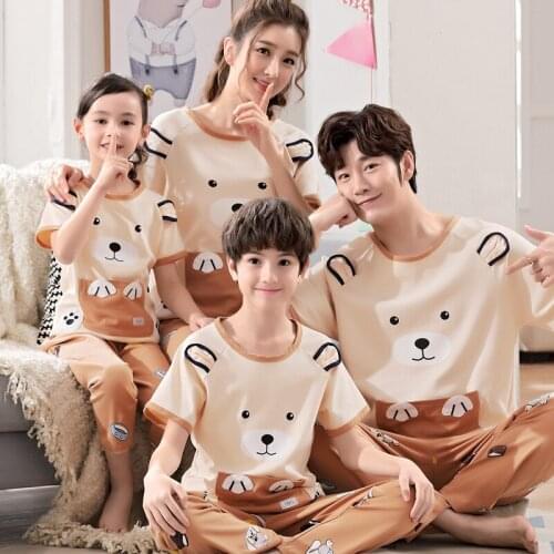 2021 New Cute Cartoon Parent-Child Pajamas For Boys Girls Children Pure Cotton Spring Summer Home Wear Long Pants Kids Clothes