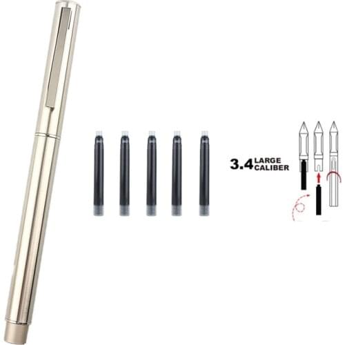 HongDian Metal Stainless Steel Fountain Pen Fine Nib 0.4mm Bright Silver Excellent Writing Gift Ink Pen for Business Office Home