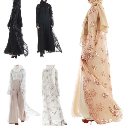 Muslim Women Lace Sequin Cardigan Maxi Dress Luxury Kimono Open Abaya Robe Kaftan Dubai Bangladesh Muslim Abaya Dress Fashion