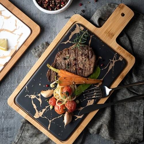 Nordic Marble Gold Pattern Western Plate Ceramic Rectangular Steak Plate Handle Placemat Bread Plate Pizza Plate