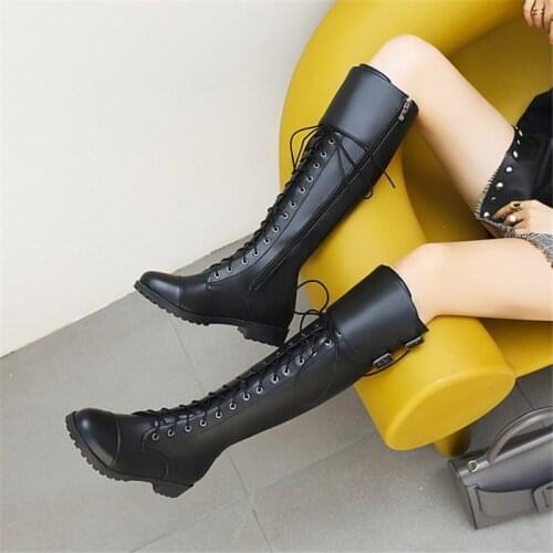 PXELENA Plus Size 34-43 Women Knee High Riding Knight Boots 2020 Autumn Shoes Buckle Lace Up Low heels Military Motorcycle Boots
