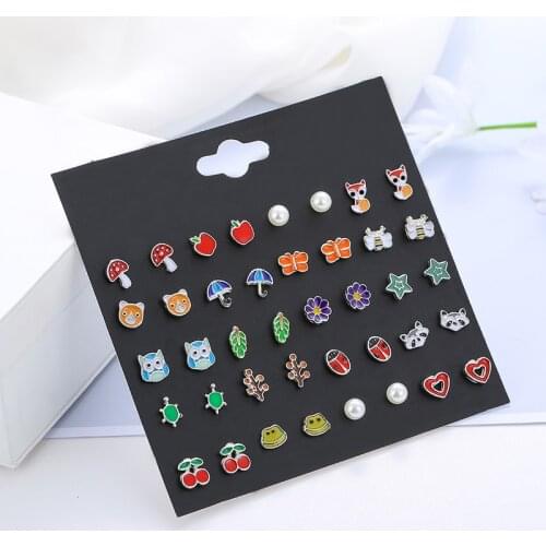 20 Pairs/set Cute Fruit Insect Animal Stud Earrings Set For Women Girls Kids Jewelry Fashion Bear Cherry Flower Enamel Earring