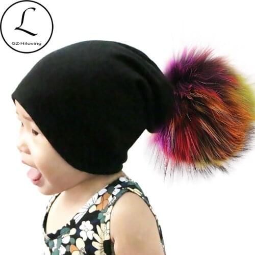 GZHILOVINGL 10 Months - 5 Years Wool Winter Solid Color Skullies Beanies Girls Boys Slouchy Girls Beanie Colored Fur Pom Pom Hat