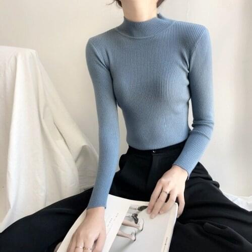 2021 Korean Fashion Bottoming Sweater Top Solid Half High Neck Slim Pullover Sweater Long-sleeve Wool Pullover Women 16677