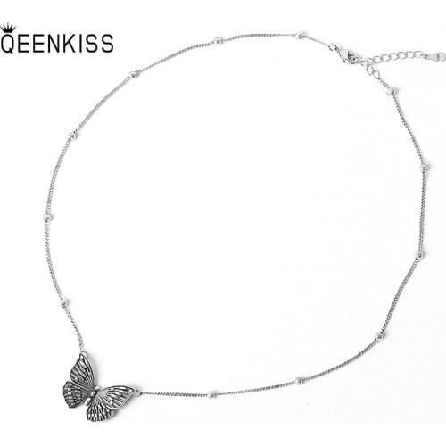 QUEENKISS NC670 2021 Fion Jewelry Wholesale Fashion Lady Girl Birthday Wedding Retro Butterfly 925 Silver Pendant Necklace