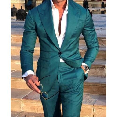Green Men Wedding Suits Peak Lapel Slim Fit Groom Tuxedos Popular Dress Two Pieces Men Business Dinner/Darty Suit(Jacket+Pants)