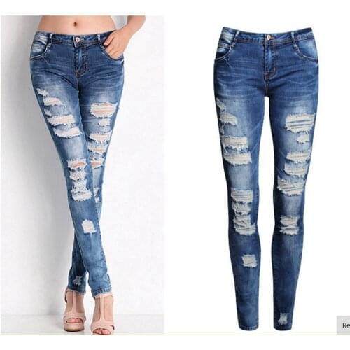 2020 Women Denim Hole Pants Slim Jeans Female Fashion Elastic Pencil Frayed Elasticity Pants Blue Wear-Resistant Cheap Sales