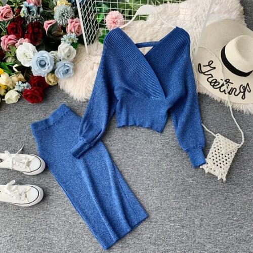 YornMona Good Quality Two Piece Set Shining High Waist Dress Women 2019 V Neck Elegant Bodycon Dress Autumn Winter Knitted Dress