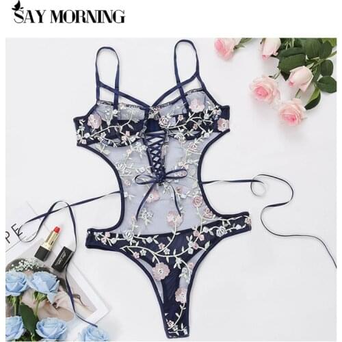SAY MORNING 2021 Hot sale new womens sexy lace embroidered lace-up tops backless teddy bodysuit underwire bras thin mesh erotic