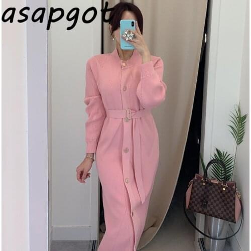 Asapgot OL Chic Korea Autumn O Neck Single Breasted Slim Long Pink Knitted Dress with Belt Women White Black Fashion Sweaters