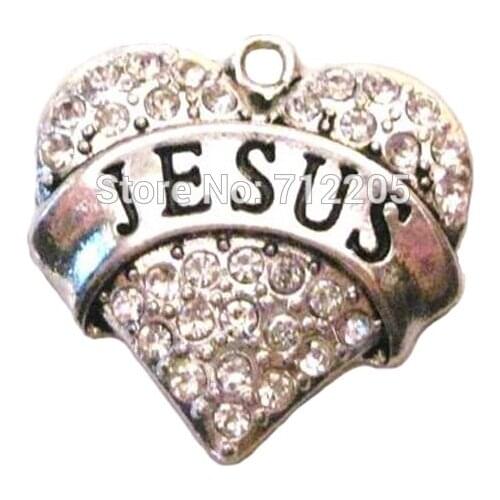 10pcs a lot antique silver plated fashion Jesus Clear Crystal Heart Pendant(A100068)