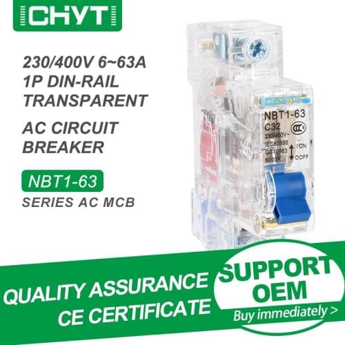 Free Shipping CHYT NBT1-63 1P 2P 3P 4P Transparent Din Rail AC 230/400V 63A 6kA C Type Air Switch Mini Circuit Breaker MCB
