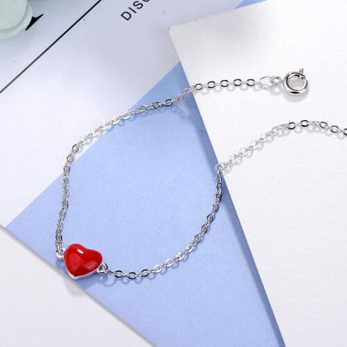 925 Sterling Silver Bracelet Anklet Fashion Red Love Ankle Peach Heart Chain Linked For Women Charm Bangle Jewelry Gift Pulseira