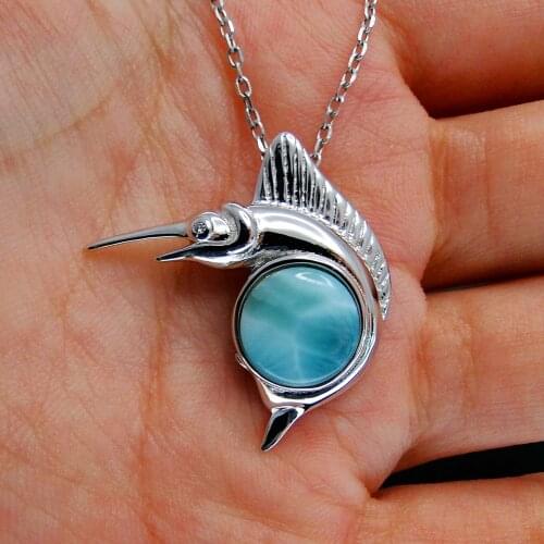 Hot Selling 925 Sterling Silver Natural Dominica Larimar Sea Fish Swordfish Pendant Necklace For Women Man Party Gift