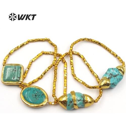 WT-B417 Classic Design Random Shape Natural Stone Bracelet Gold Trim Green Stone Charm Tiny Metal Beads Elastic bracelet Jewelry
