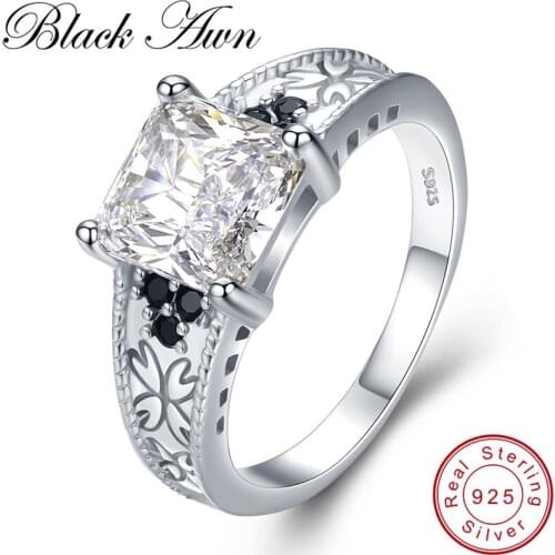 [BLACK AWN] Vintage 4.3g 925 Sterling Silver Fine Jewelry Bague Black Spinel Flower Wedding Rings for Women Girl Party Gift C476