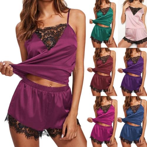 2pcs Womens Sexy Satin Lace Sleepwear Babydoll Lingerie Nightdress Pajamas Set Clothes Set