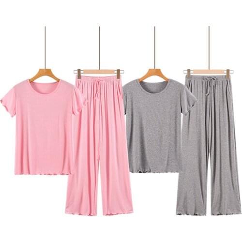 Solid Two-Pieces Pajamas Set Summer Autumn Modal Women and Girl Pyjamas Short Sleeve Long Pants Sleepwear Soft Lounge Pijama