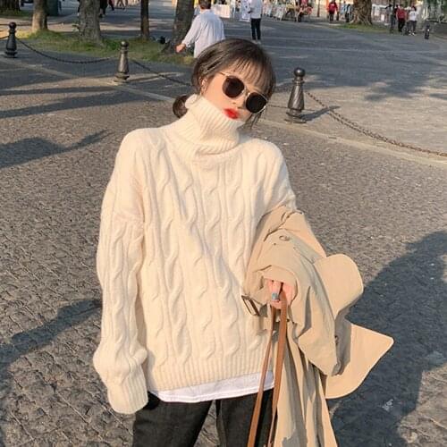Turtleneck Pullover Sweater Women Lazy Wind Knit Sweater Female Loose Outerwear Fall Winter Vintage Pullover Knitted Sweater Top
