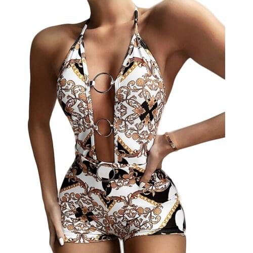 Retro O-ring Print Monokini Swimsuit 2021 Sexy Deep V Neck Lace-up Swimwear Women Halter Bathing Suit Fashion Beach Bikini