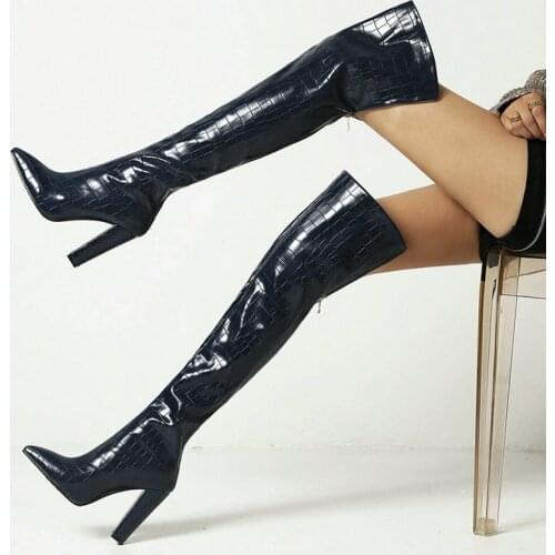 Microfiber Leather Women Thigh High Boots Pointed Thick Heel Sexy Women Over the Knee Boots Embossed Zipper Winter Womens Boots