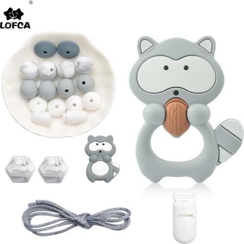 LOFCA Silicone Teether For DIY Baby Teething Necklace Toy Making Cute Raccoon Pacifier Chain Clips Food Grade Silicone Beads Set