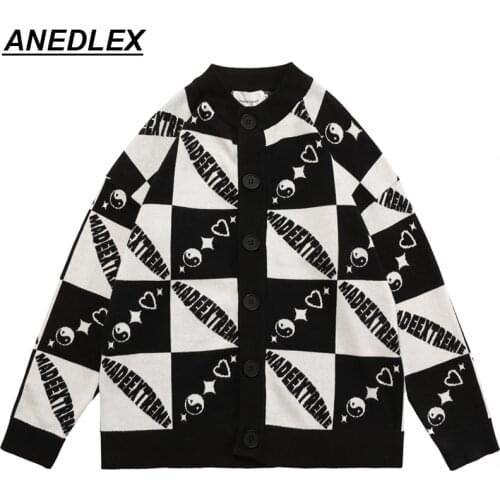 2021 Hip Hop Men Streetwear Buttons Knitwear Black White Checked Letter Sweater Harajuku Cotton Women Winter Casual Sweatshirt