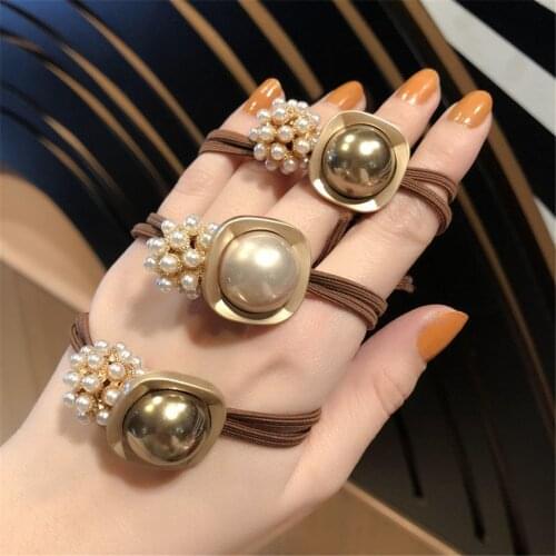 Women Elastic Hair bands Hair tie Girl Alloy Pearl Geometric Korean Hair Accessories Handmade Head Bands Wholesale