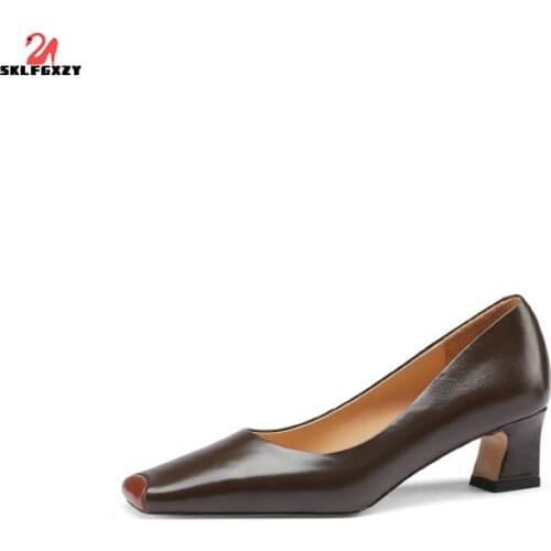 SKLFGXZY Black Ms. Genuine Leather Women Shoes Fashion Ankle Square Head Cowhide Wedding Party Shoes Pumps