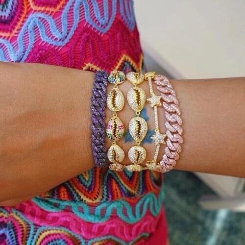 2019 New arrived Gold color sea shell paved colorful rainbow cz bracelet for women female 15+4CM adjusted charm bracelet jewelry