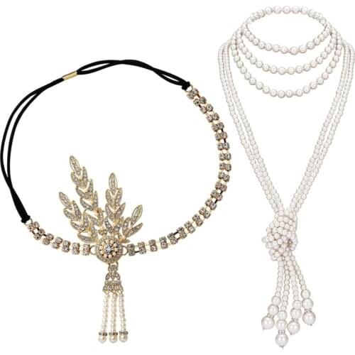 Great Gatsby Accessories Set for Women 1920s Flapper Pearl Necklace Headband Leaf Headpiece Party Costume Jewelry