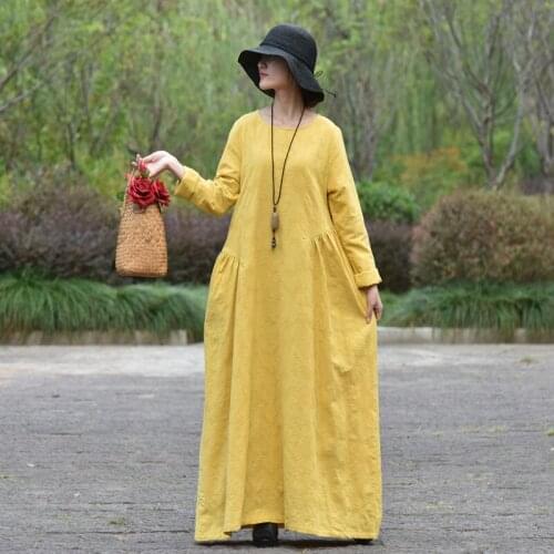 Free Shipping 2019 New Fashion Cotton Linen Spring And Autumn Long Maxi Dress Women Long-sleeve Loose Dress Yellow O-neck